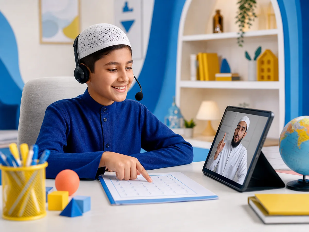Young student enjoying a live online Quran lesson